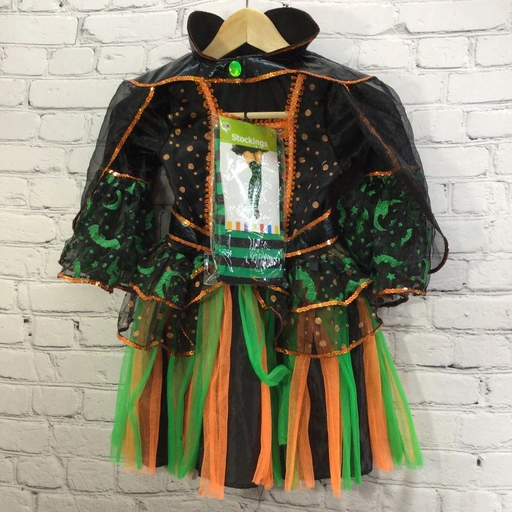 Teetot Witch Costume Girls Sz 5-6 Green Orange With Stockings‎ and Cape